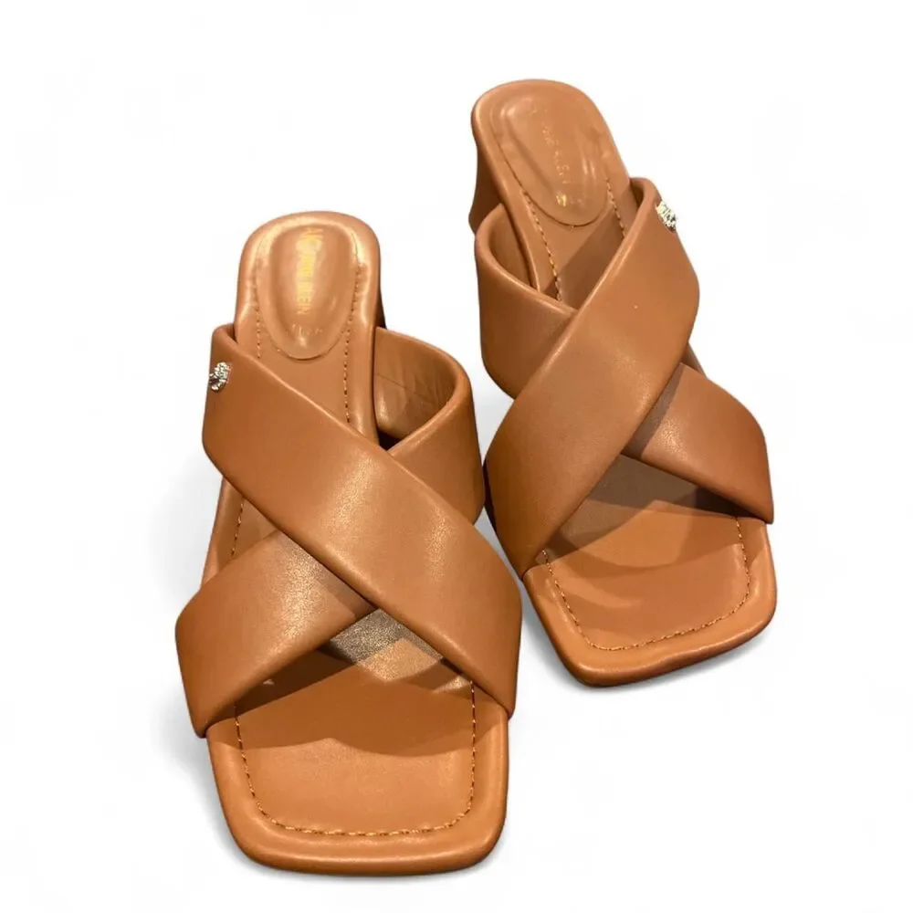 Anne Klein Waiola Wedge Sandals Tan Brown Crisscross Strappy Open Toe 8.5 NWOT